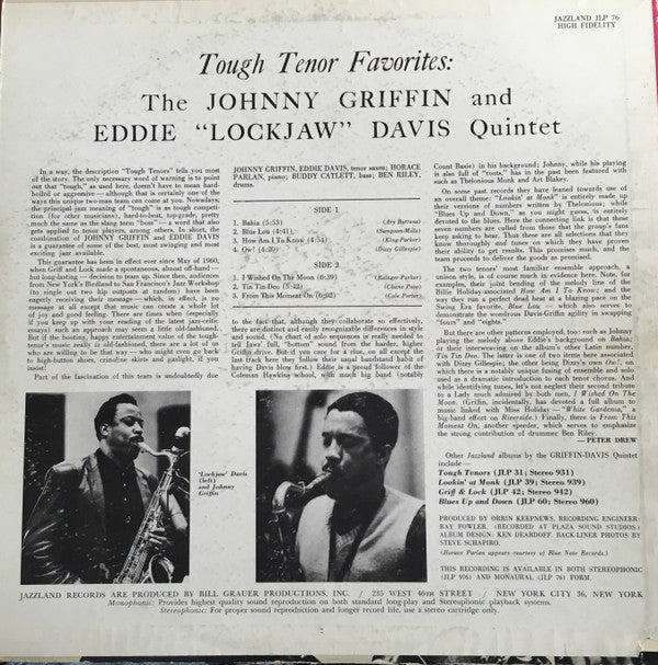 The Eddie Davis-Johnny Griffin Quintet : Tough Tenor Favorites (LP, Album, Mono)
