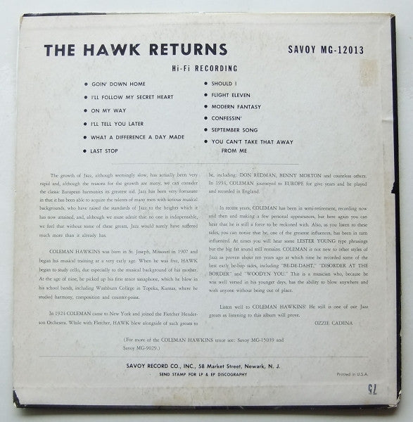 Coleman Hawkins : The Hawk Returns (LP, Album, Mono)