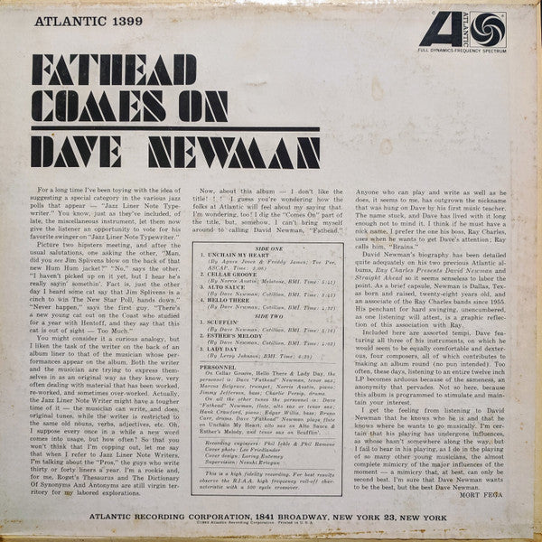 Dave Newman* : Fathead Comes On (LP, Album, Mono)