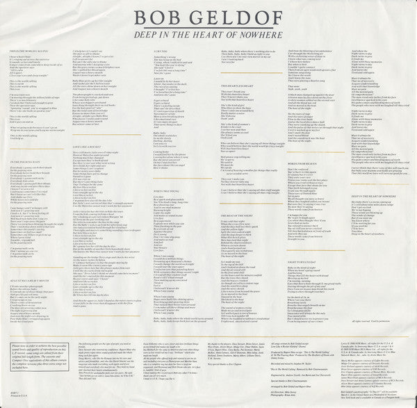 Bob Geldof : Deep In The Heart Of Nowhere (LP, Album, SP )