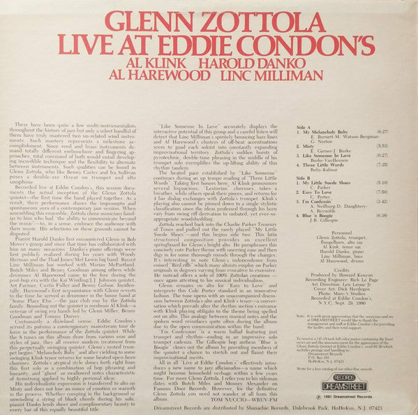 Glenn Zottola : Live At Eddie Condon's (LP, Album)