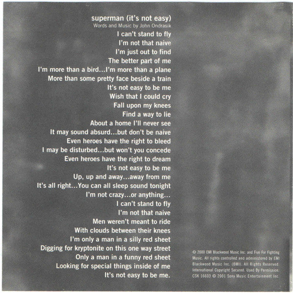 Five For Fighting : Superman (It's Not Easy) (CD, Single, Promo)