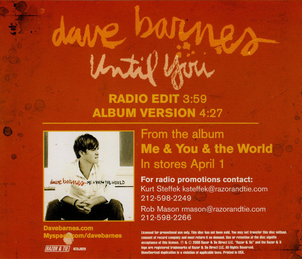 Dave Barnes : Until You (CD, Single, Promo)