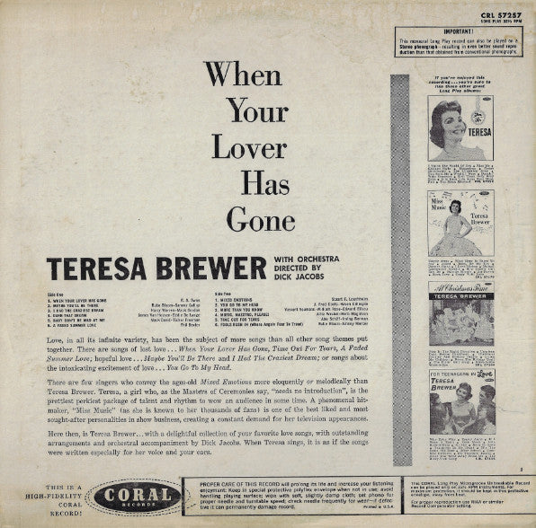 Teresa Brewer : When Your Lover Has Gone (LP, Album, Mono)