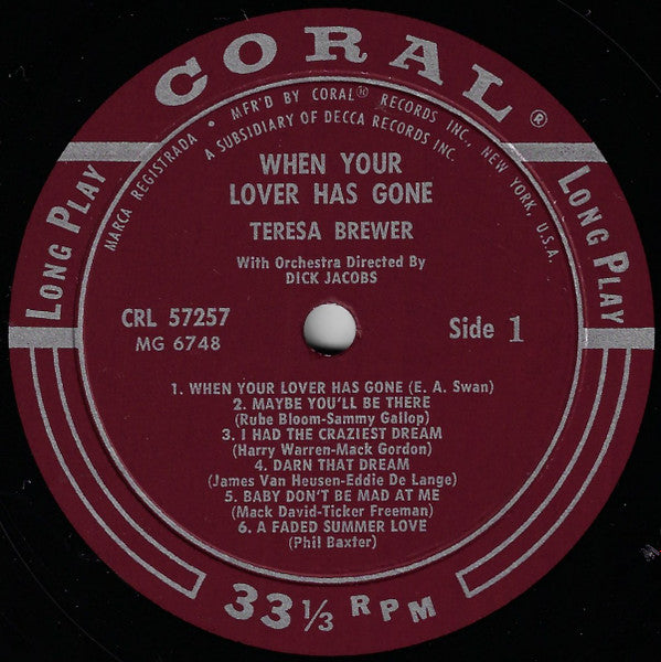 Teresa Brewer : When Your Lover Has Gone (LP, Album, Mono)