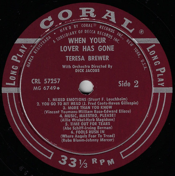 Teresa Brewer : When Your Lover Has Gone (LP, Album, Mono)