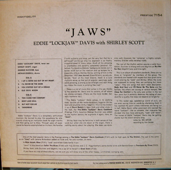 Eddie "Lockjaw" Davis With Shirley Scott : Jaws (LP, Album, Mono, RE)