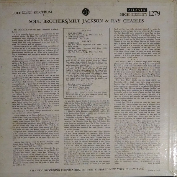 Milt Jackson & Ray Charles : Soul Brothers (LP, Album, Mono)