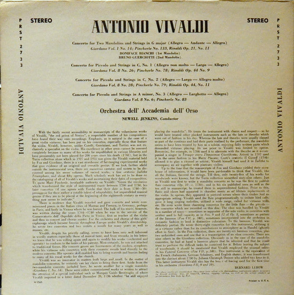 Antonio Vivaldi, Newell Jenkins, Orchestre Accademia Dell'Orso : Concerto For Two Mandolins / Concertos For Piccolo And Strings (LP)