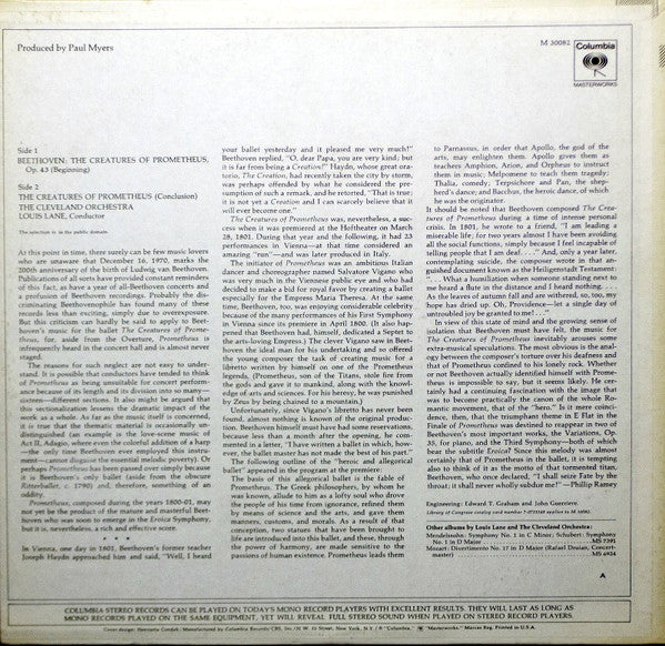 Ludwig van Beethoven, Louis Lane, The Cleveland Orchestra : The Creatures Of Prometheus (LP, Album)