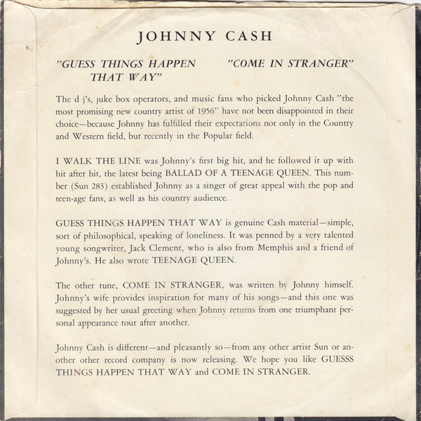 Johnny Cash : Guess Things Happen That Way / Come In Stranger (7", Single, Mono)