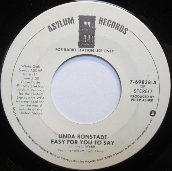 Linda Ronstadt : Easy For You To Say / Mr. Radio (7", Promo, Spe)