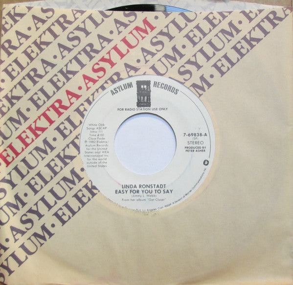 Linda Ronstadt : Easy For You To Say / Mr. Radio (7", Promo, Spe)
