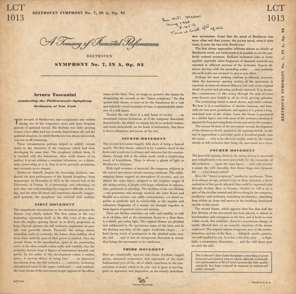 Beethoven*, Arturo Toscanini, Philharmonic Symphony Orchestra Of New York* : Symphony No. 7 In A, Op. 92 (LP, Album, Mono, RE)