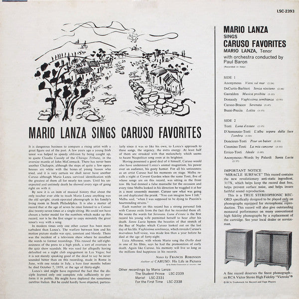 Mario Lanza : Mario Lanza Sings Caruso Favorites (LP, Roc)