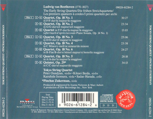 Ludwig van Beethoven - Tokyo String Quartet, Pinchas Zukerman : The Early String Quartets: Op. 18 Nos. 1-6 • Quintet Op. 29 • Quartet Op. 14 No. 1 (3xCD, Album, RP)