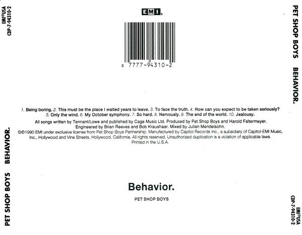 Pet Shop Boys : Behavior (CD, Album, Cap)