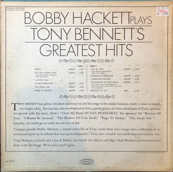 Bobby Hackett : Tony Bennett's Greatest Hits (LP, Album, Mono)