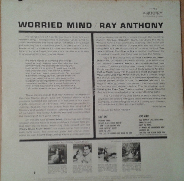 Ray Anthony : Worried Mind (The Soul Of Country Western Blues) (LP, Album, Mono, RP, Los)
