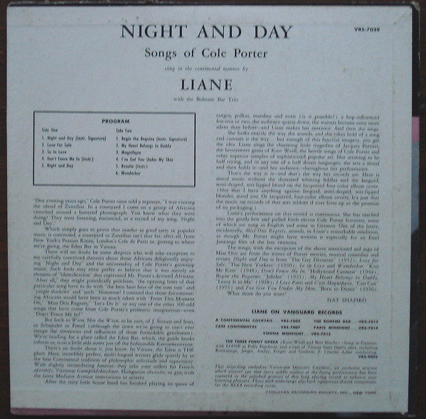 Liane* With The Boheme Bar Trio : Night And Day - Songs Of Cole Porter (10", Album, Mono)