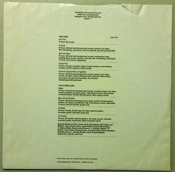 Prince : For You (LP, Album, Jac)