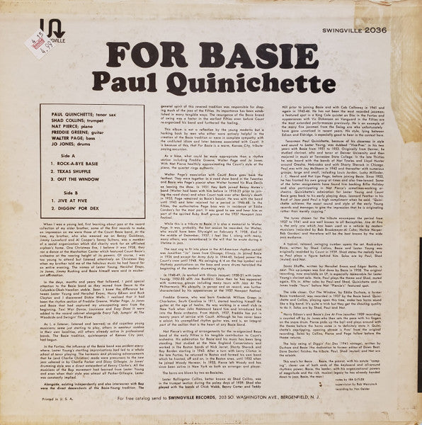 Paul Quinichette, Jo Jones, Shad Collins, Nat Pierce, Walter Page, Freddie Green : For Basie (LP, Album, Mono, RE)