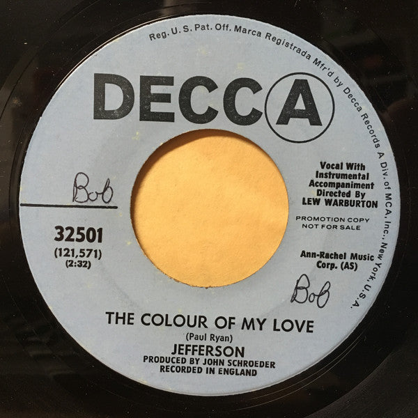 Jefferson (3) : The Colour Of My Love (7", Single, Promo)