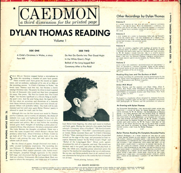 Dylan Thomas : Reading Volume 1 (LP, RE)