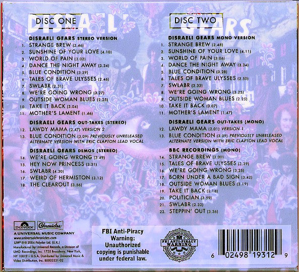 Cream (2) : Disraeli Gears (2xCD, Album, Dlx, RE, RM, FBI)