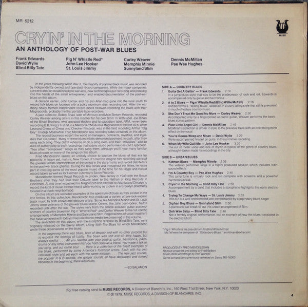 Various : Cryin' In The Morning - An Anthology Of Post-War Blues (LP, Comp, Promo)