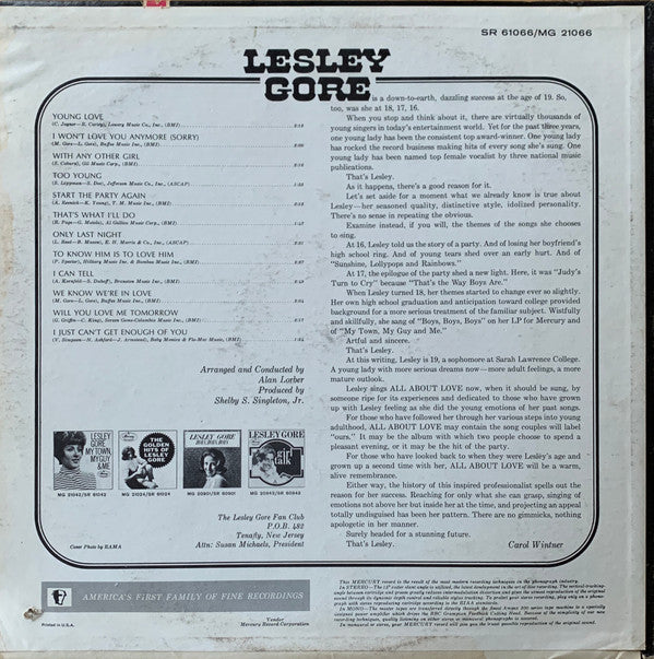 Lesley Gore : Sings All About Love (LP, Album)