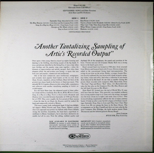 Artie Shaw And His Orchestra : "September Song" And Other Favorites (LP, Comp)
