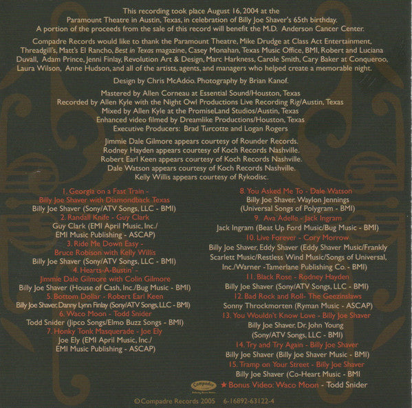 Various : A Tribute To Billy Joe Shaver - Live (CD, Album)
