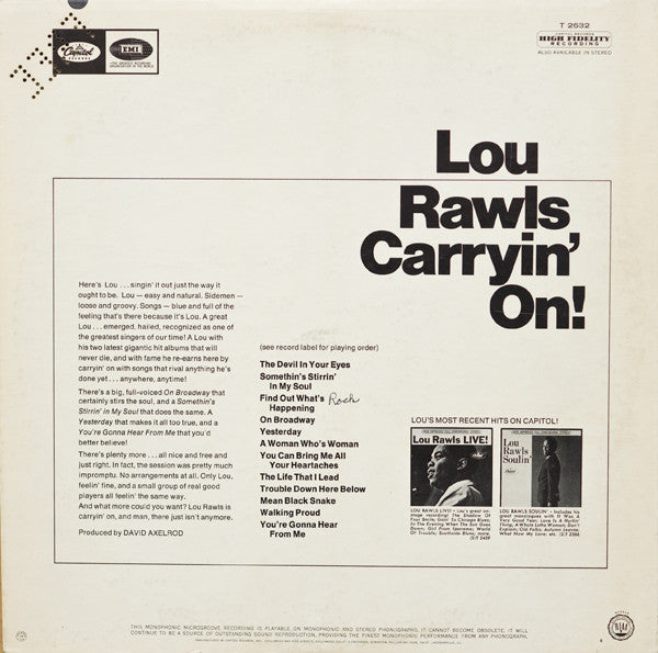 Lou Rawls : Carryin' On! (LP, Album, Mono, Los)