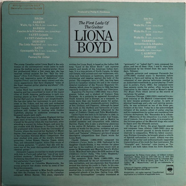 Liona Boyd / Isaac Albéniz • Agustín Barrios Mangoré • Fernando Sor • Erik Satie • Claude Debussy • Francisco Tárrega • Carlos Payet • Milton Barnes : The First Lady Of The Guitar (LP, Album, Promo)