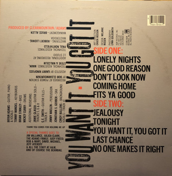 Bryan Adams : You Want It, You Got It (LP, Album, RE, R -)