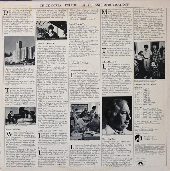 Chick Corea : Delphi 1 Solo Piano Improvisations (LP, Album, Promo)