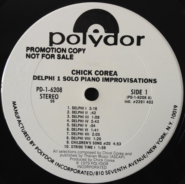 Chick Corea : Delphi 1 Solo Piano Improvisations (LP, Album, Promo)