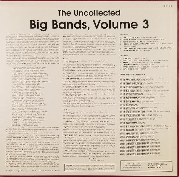 Various : The Uncollected Big Bands Vol. 3 (LP, Album, Mono)