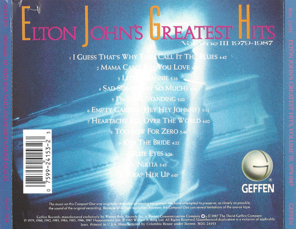 Elton John : Greatest Hits Volume Ill 1979-1987 (CD, Comp, Club)