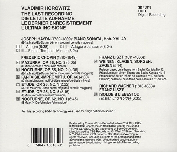 Vladimir Horowitz – Frédéric Chopin · Joseph Haydn · Franz Liszt · Richard Wagner : The Last Recording (CD, Album)
