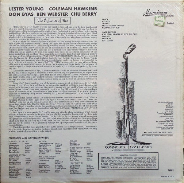 Coleman Hawkins, Lester Young, Ben Webster, Don Byas, Chu Berry* : The Influence Of Five (LP, Comp)