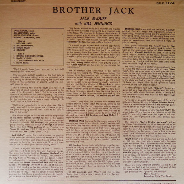Brother Jack McDuff With Bill Jennings : Brother Jack (LP, Album, Mono, RE, Blu)