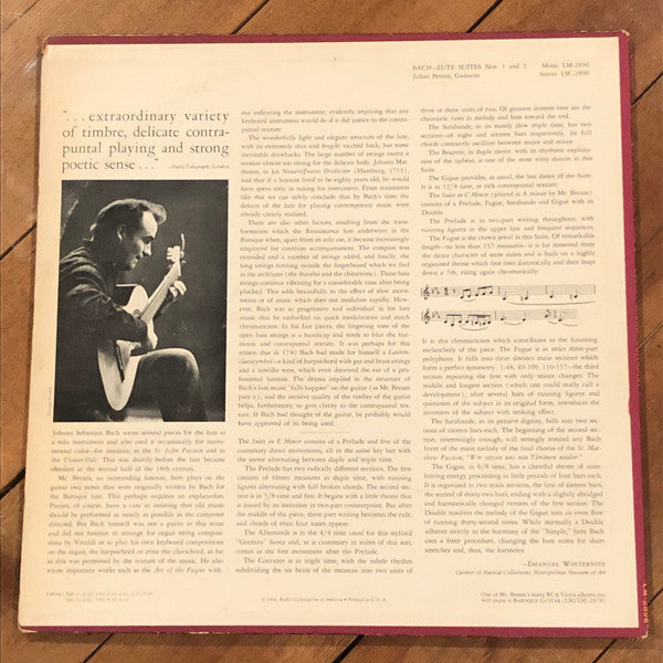 Julian Bream - Johann Sebastian Bach : Lute Suites Nos. 1 And 2 (LP, Album, Mono)