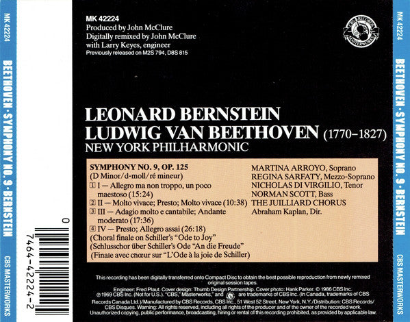 Beethoven*, Leonard Bernstein, New York Philharmonic : Symphony No. 9 "Choral" (CD, Album, RE)