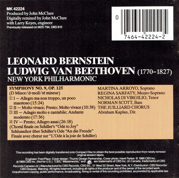 Beethoven*, Leonard Bernstein, New York Philharmonic : Symphony No. 9 "Choral" (CD, Album, RE)