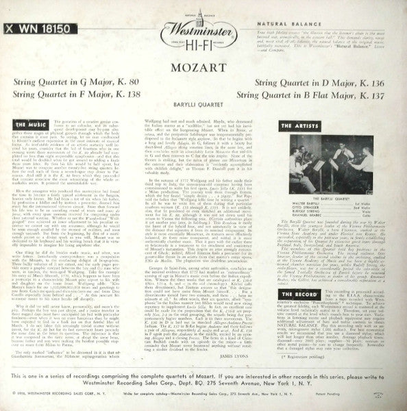 Wolfgang Amadeus Mozart - Barylli Quartet : String Quartets K. 80, K 136, K 137, K 138 (LP, Album, Mono)