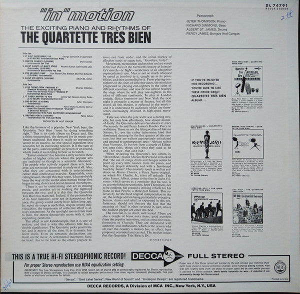 The Quartette Trés Bien* : "In Motion" The Exciting Piano And Rhythms (LP, Album)