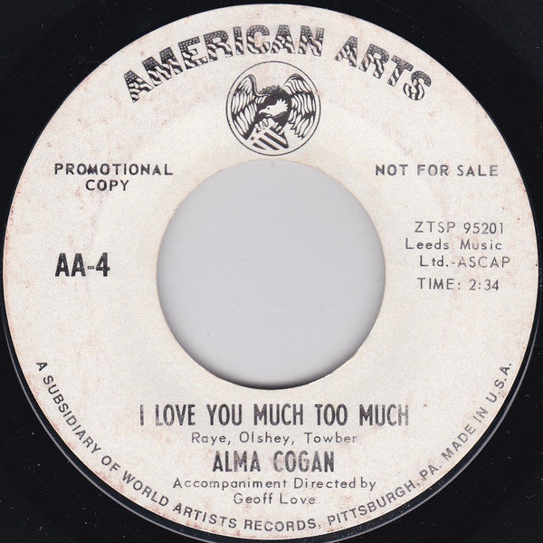 Alma Cogan : Tennessee Waltz / I Love You Much Too Much (7", Promo)