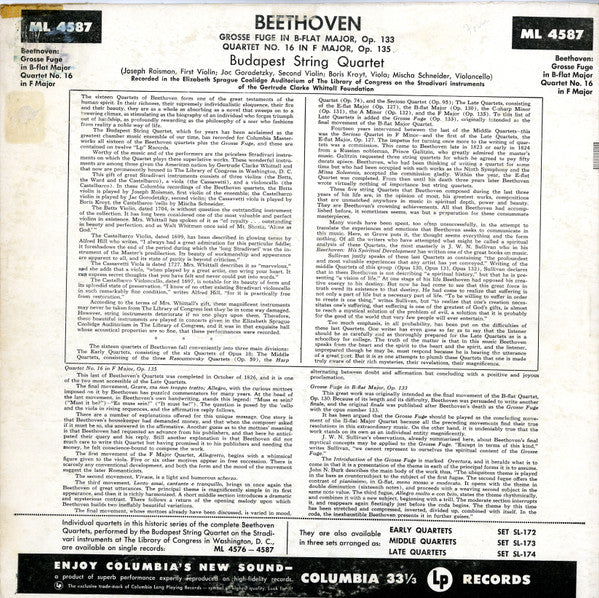 Beethoven*, Budapest String Quartet : The Complete String Quartets Of Ludwig van Beethoven - Grosse Fuge In B-Flat Major, Op. 133 / Quartet No. 16 In F Major, Op. 135 (LP, Mono, RE)